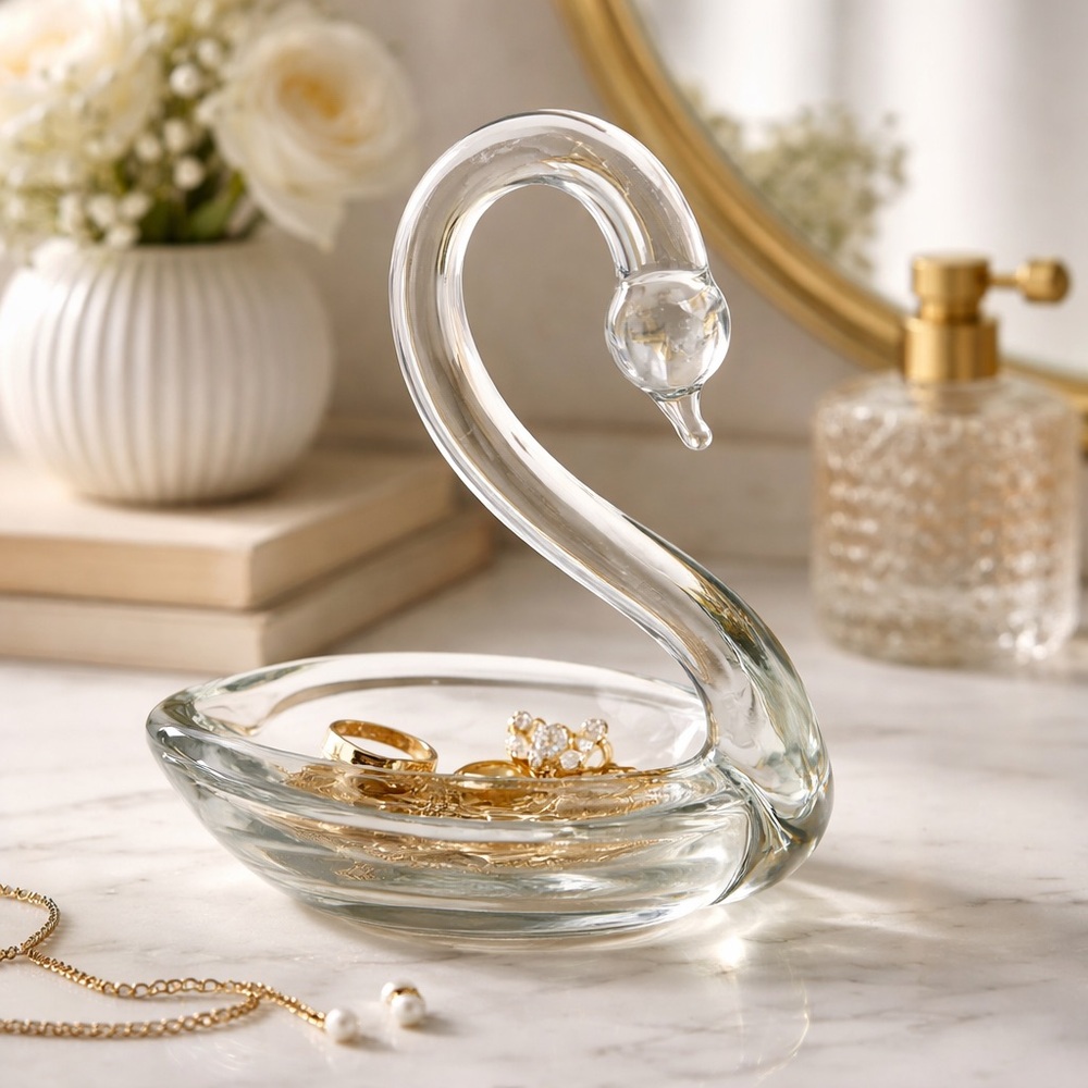 Glass Swan Jewelry Dish Ring Holder Trinket Dish Clear Art Glass
